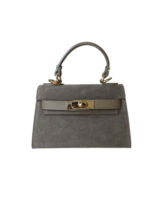 Borsa a mano grigia elegante in pelle e suede con finiture dorate e tracolla rimovibile