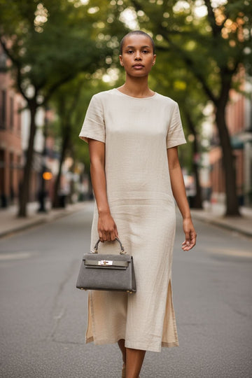Borsa a mano grigia elegante in pelle e suede con finiture dorate e tracolla rimovibile