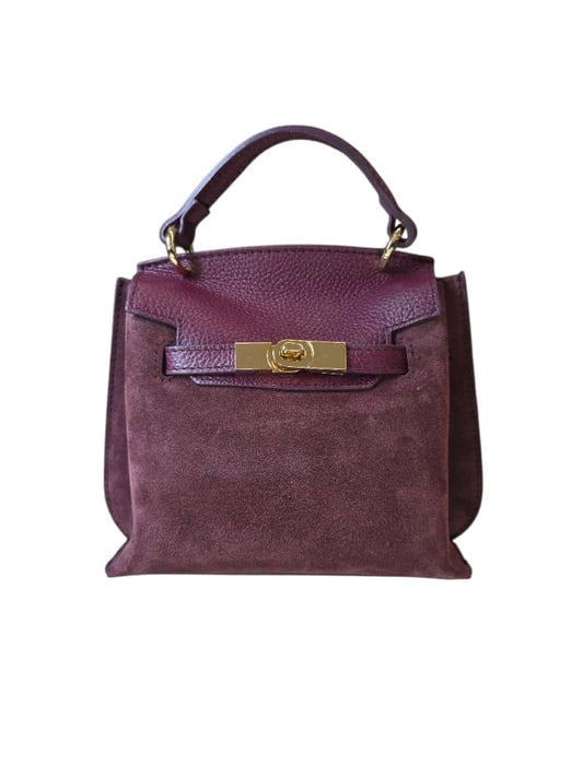 Borsa a mano bordeaux elegante in pelle e suede con finiture dorate e tracolla rimovibile