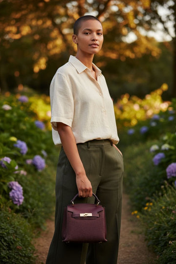 Borsa a mano bordeaux elegante in pelle e suede con finiture dorate e tracolla rimovibile