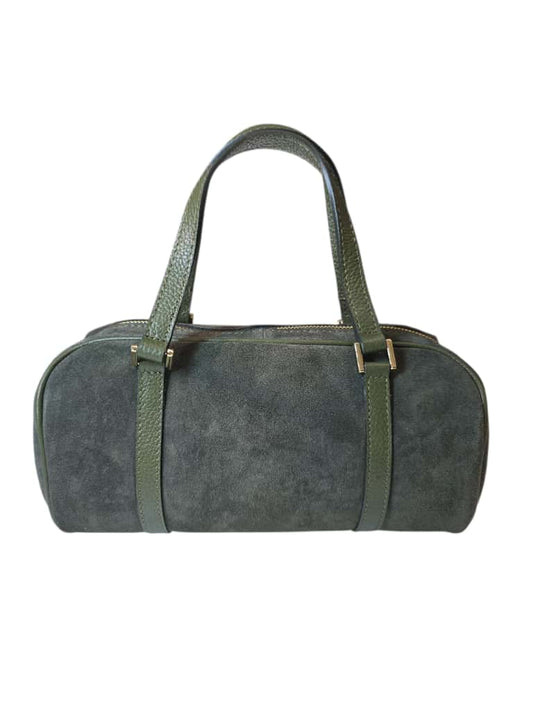 Borsa a mano e tracolla verde in pelle e suede con finiture dorate