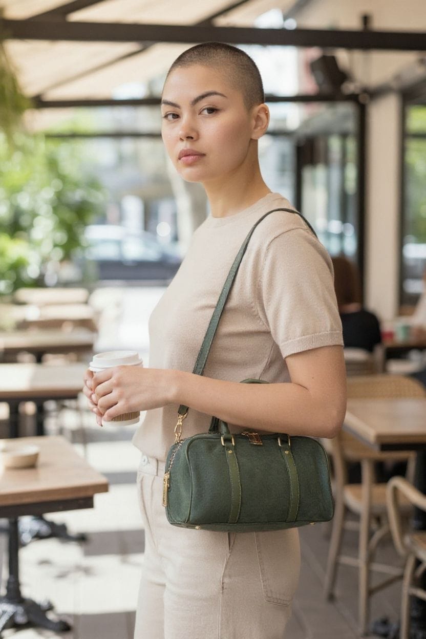 Borsa a mano e tracolla verde in pelle e suede con finiture dorate