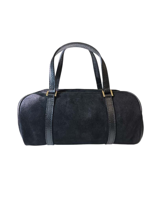 Borsa a mano e tracolla nera in pelle e suede con finiture dorate