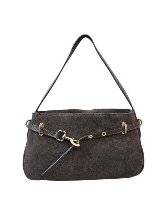 Borsa a spalla marrone in suede con cintura decorativa e dettagli dorati