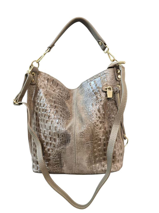 Borsa a spalla in pelle effetto pitonato bronzo con dettagli dorati