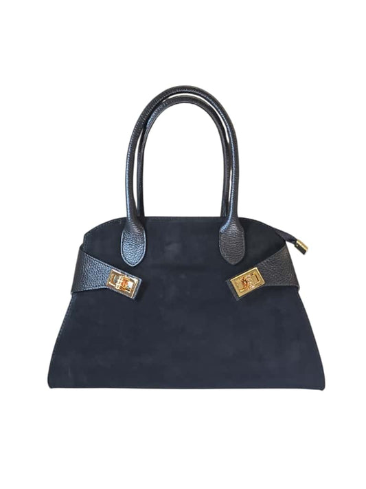 Borsa a mano nera in pelle e suede con doppia fibbia dorata e tracolla rimovibile