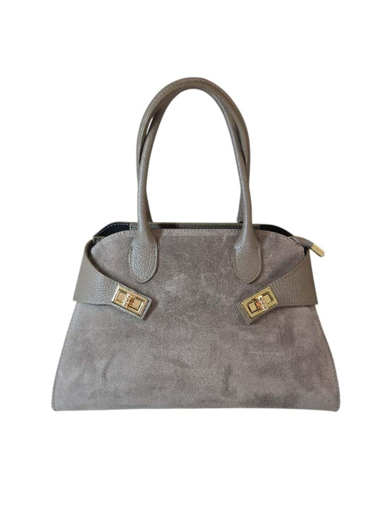 Borsa a mano grigia in pelle e suede con doppia fibbia dorata e tracolla rimovibile