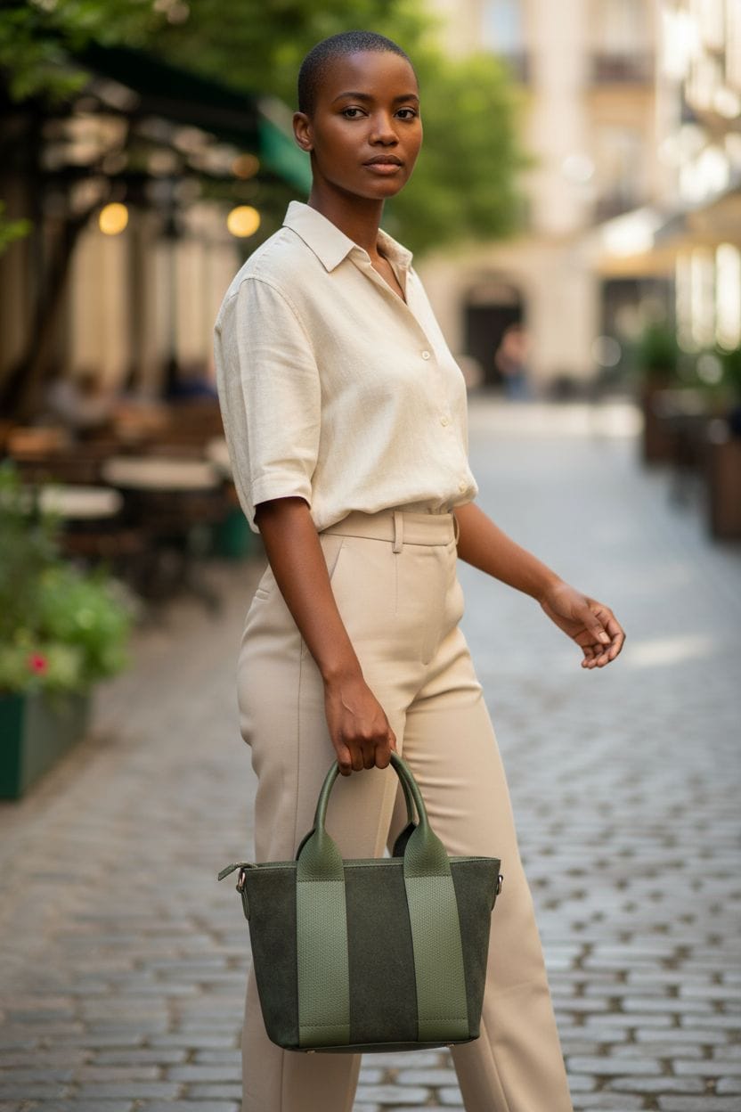 Borsa a mano verde in pelle e suede con doppio manico e tracolla regolabile