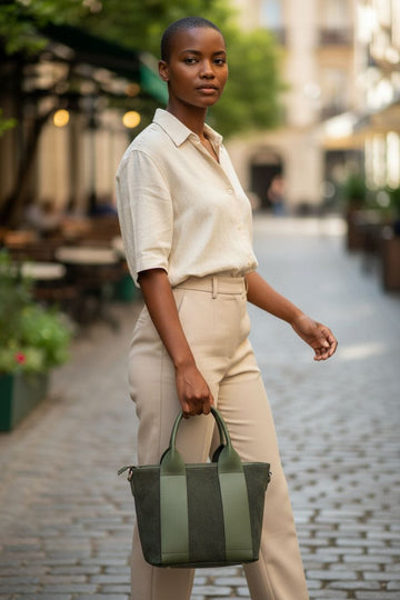 Borsa a mano verde in pelle e suede con doppio manico e tracolla regolabile