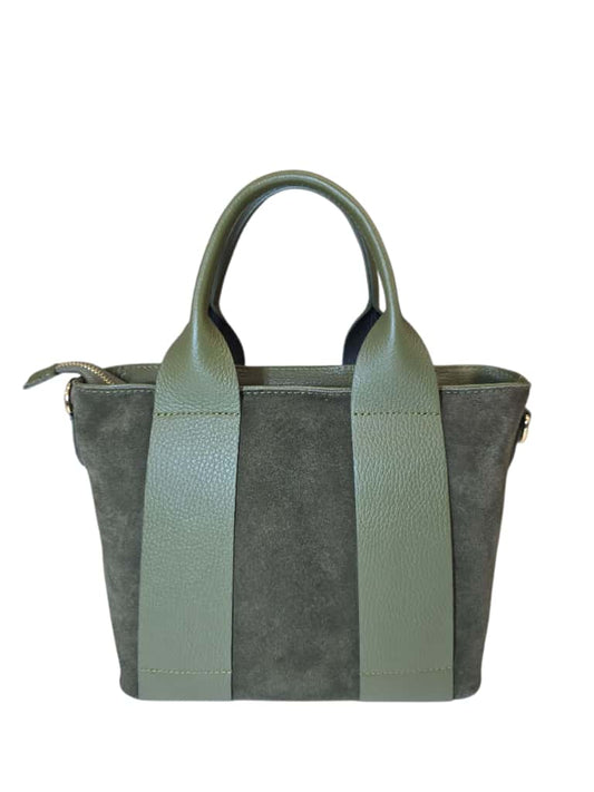 Borsa a mano verde in pelle e suede con doppio manico e tracolla regolabile