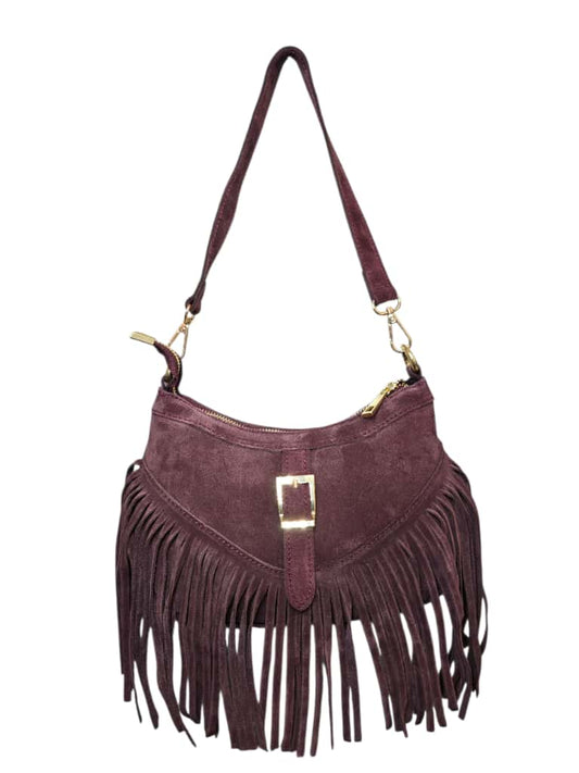 Borsa a spalla bordeaux in suede con frange e fibbia dorata