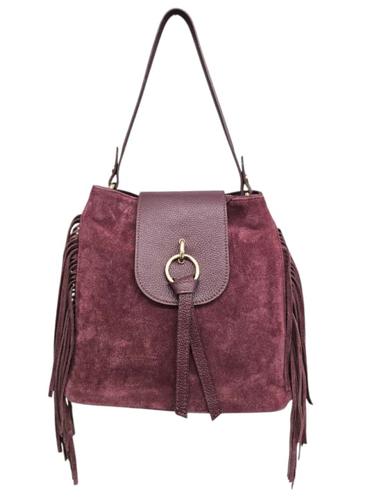 Borsa a spalla bordeaux in pelle e suede con frange laterali e tracolla regolabile
