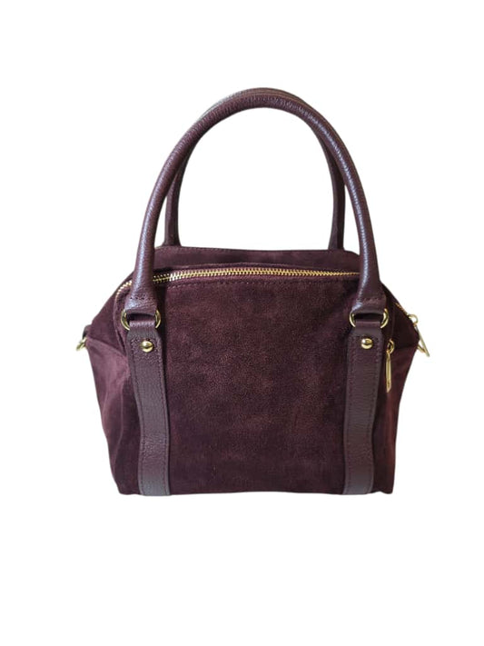 Borsa a mano bordeaux in pelle e suede con doppio manico e tracolla rimovibile