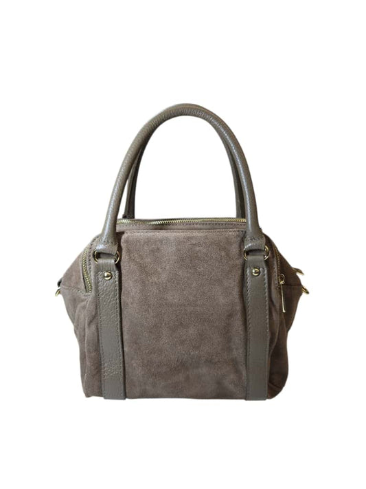 Borsa a mano grigia in pelle e suede con doppio manico e tracolla rimovibile