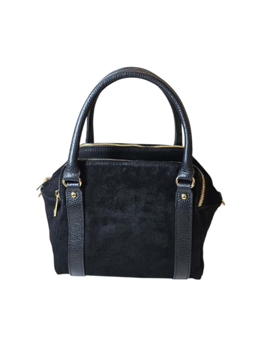 Borsa a mano nera in pelle e suede con doppio manico e tracolla rimovibile