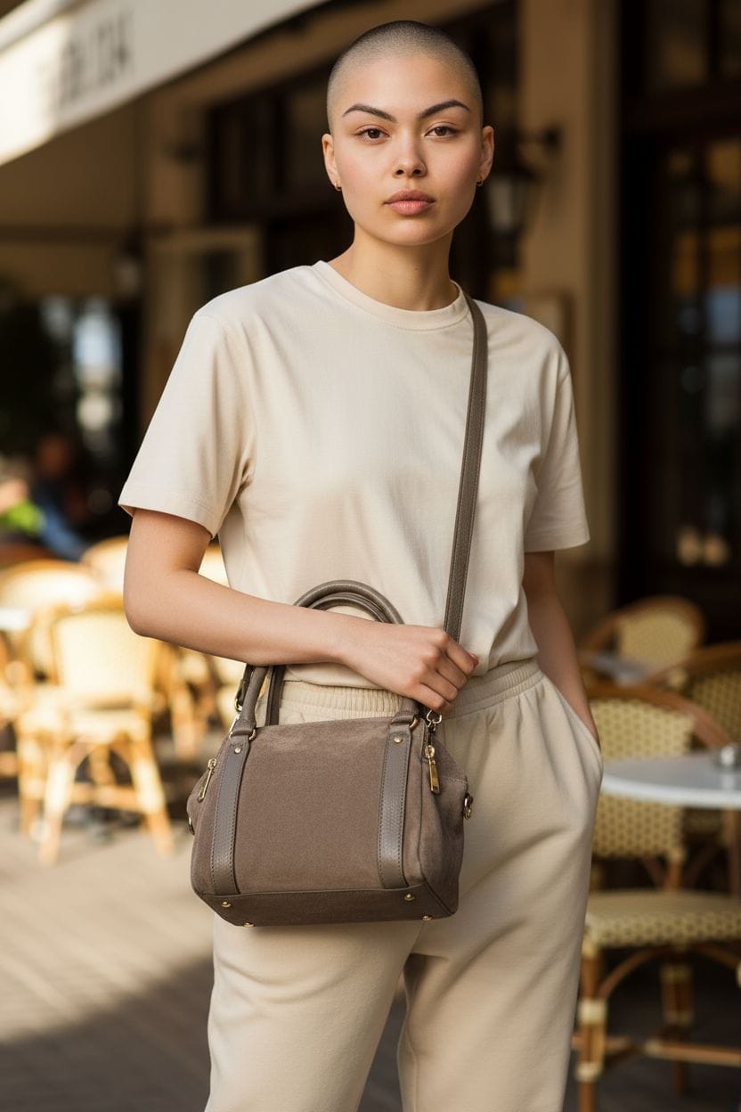 Borsa a mano grigia in pelle e suede con doppio manico e tracolla rimovibile