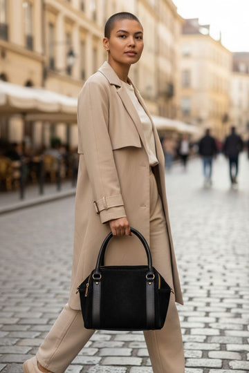Borsa a mano nera in pelle e suede con doppio manico e tracolla rimovibile