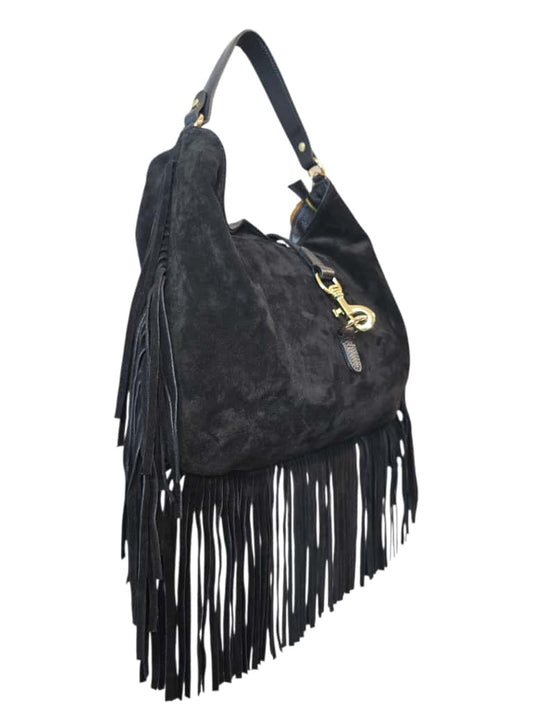 Borsa a spalla nera in suede con frange lunghe e dettagli dorati