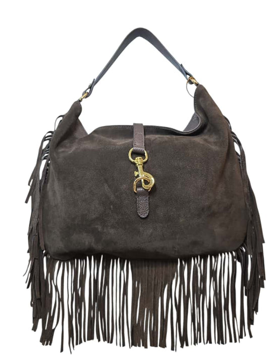 Borsa a spalla marrone in suede con frange lunghe e dettagli dorati