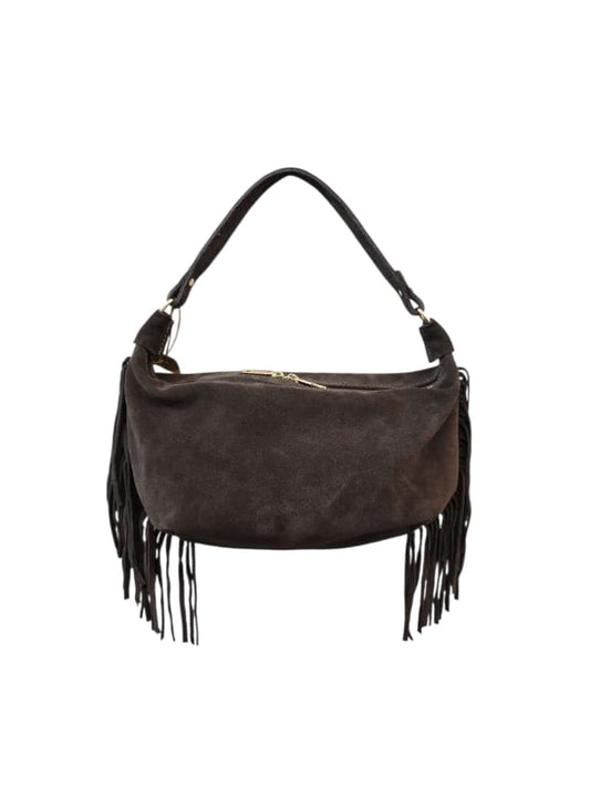 Borsa a spalla marrone in suede con frange laterali e chiusura zip
