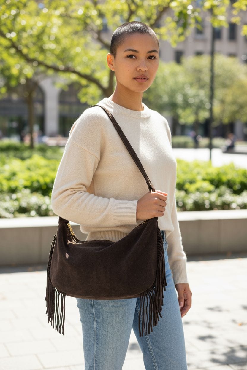 Borsa a spalla marrone in suede con frange laterali e chiusura zip