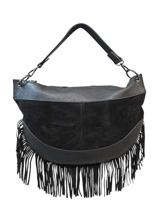 Borsa a spalla nera in pelle e suede con frange lunghe e tracolla rimovibile